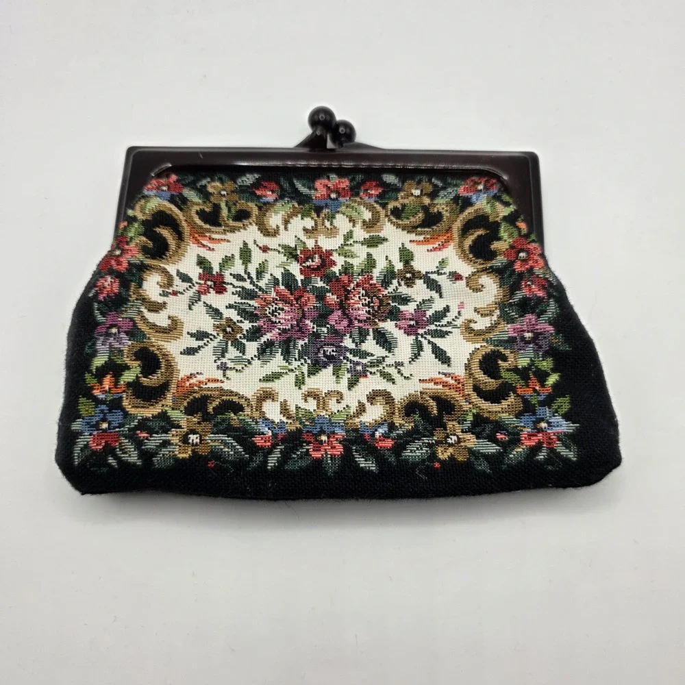 Vintage Floral Needlepoint Tapestry Clutch Faux Tortoise Lucite Frame Kiss Lock
